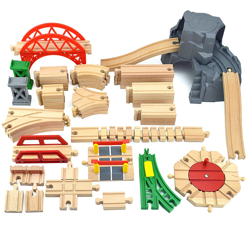 Todos os tipos de madeira acessórios de trilha de madeira de faia trem ferroviário trilha brinquedos caber todas as marcas biro faixas de madeira brinquedos para crianças