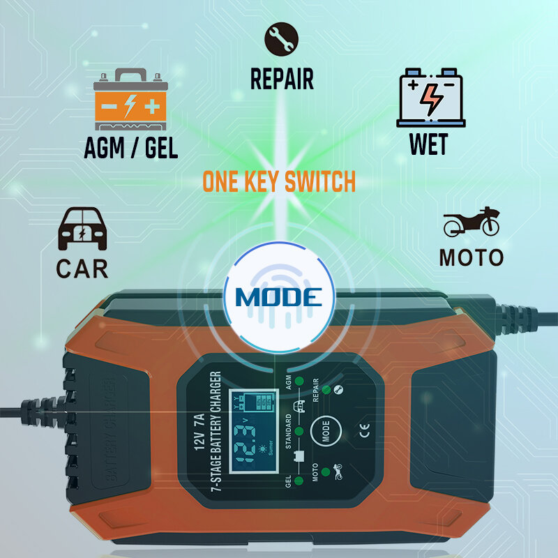 FOXSUR-cargador de batería de coche, dispositivo de reparación rápida de pulso inteligente para motocicleta, GEL AGM, ácido de plomo, 7 etapas, 12V, 7A