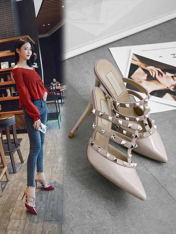 2022 Brand Summer New Women's Sandals Fashion Leather High Heels Classic Rivet Pumps Sexy Pointed Women's Wedding Party Shoes