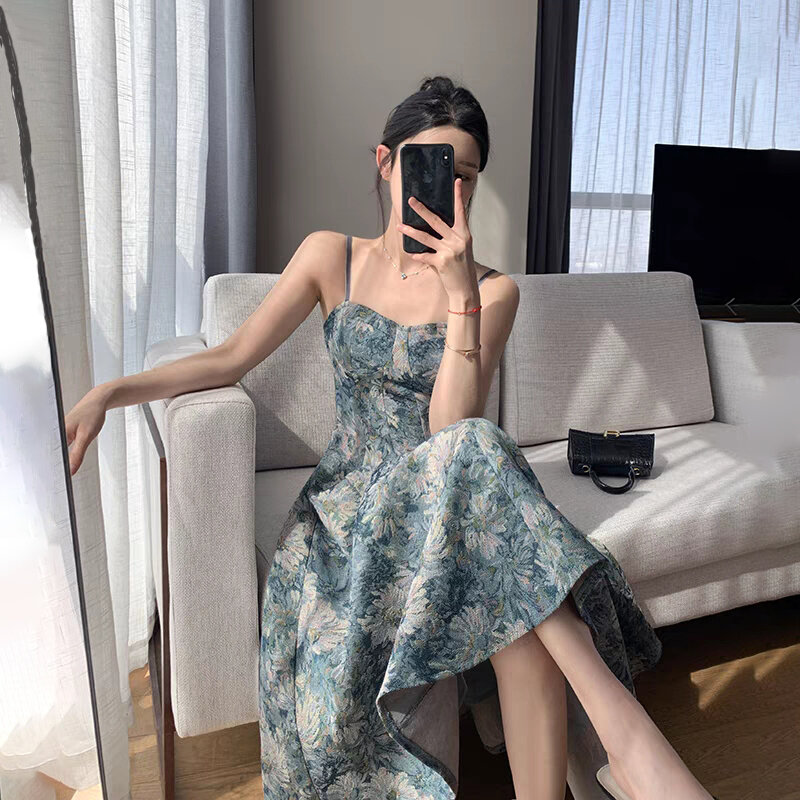 Women Flower Print Draped A-line Slip Maxi Dress Vintage Summer Holiday Beach Long Dress Elegant Korean Style Slim Long Sundress