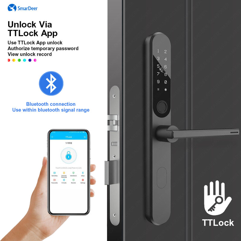 SmarDeer Bluetooth Smart Türschloss für TTLock Fingerprint Lock Universal Rechts/Links Richtung mit Fingerprint/Passwort/App