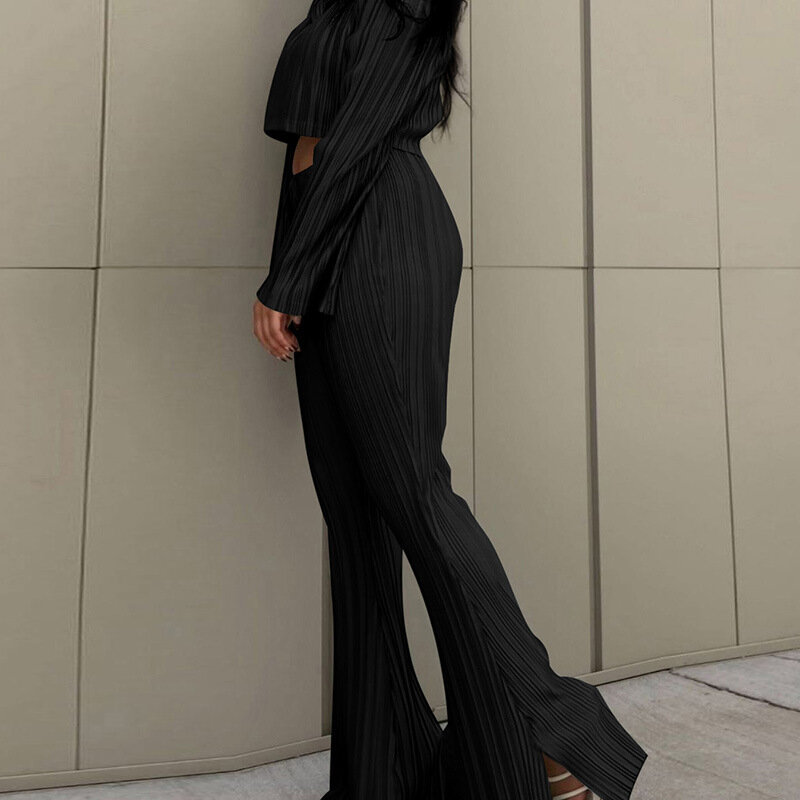 Casual Pleated Two Piece Set Women Autumn Elegant Chic Flare  Long Sleeve Shirt with Wide Leg Pant Suits Party Outfits 2022 New