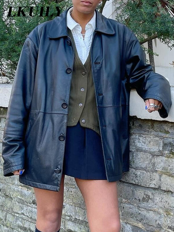 Mulher do vintage preto básico blazer de couro falso 2022 outono casual feminino sólido manga longa plutônio outwear senhoras blazers em linha reta