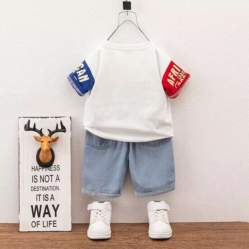 아동복 세트, 반팔 티셔츠 반바지 투피스, 소년과 아기, 패셔너블, 여름 신상
