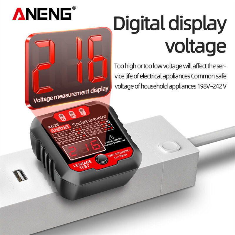 ANENG AC28 Digital Display Socket Tester UK EUA UE Plug Polaridade Pheck Fase Detector Tensão Teste Multi-função Electroscópio