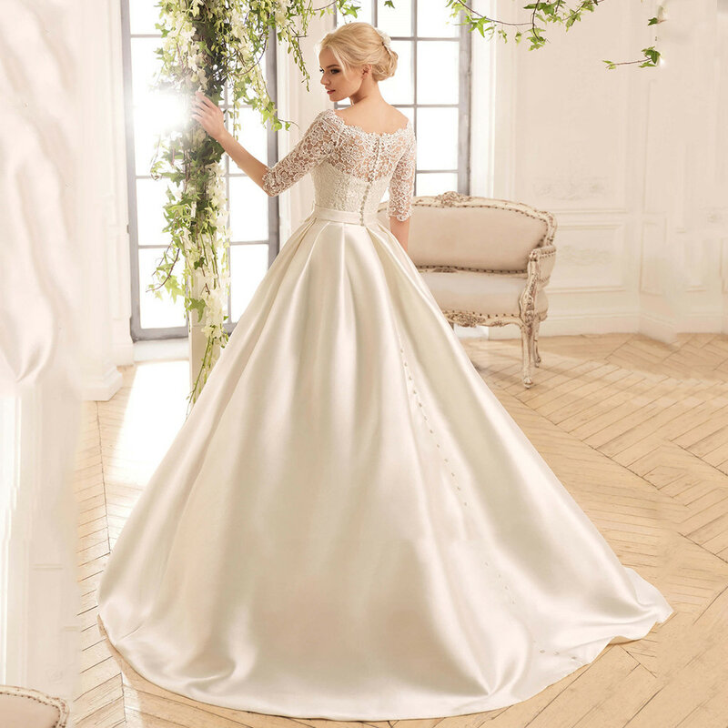 Vinca Sunny Lace Satin suknia ślubna 2023 z wycięciem pół suknia balowa z rękawami Sweep pociąg suknie ślubne Vestido Noiva
