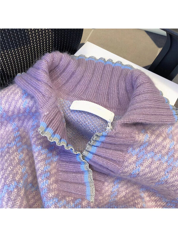 Autunno inverno donna nuovo risvolto Vintage Plaid maglieria maglione irregolare Clipping manica lunga dolce femminile Pullover lavorato a maglia maglione