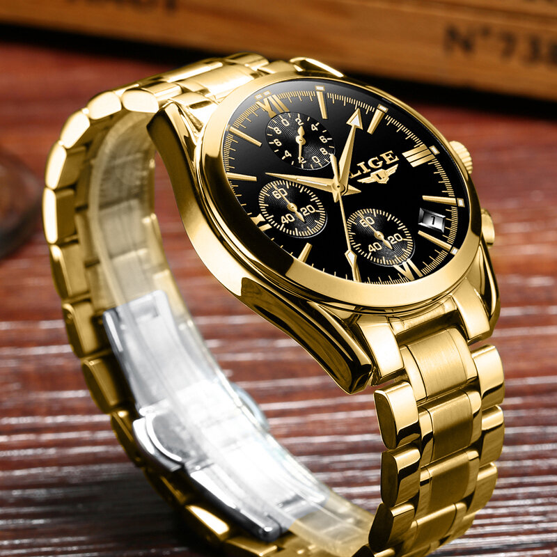 LIGE-남성용 럭셔리 브랜드 빅 다이얼 시계, 방수 쿼츠 손목 시계 스포츠 크로노 그래프 골드 시계