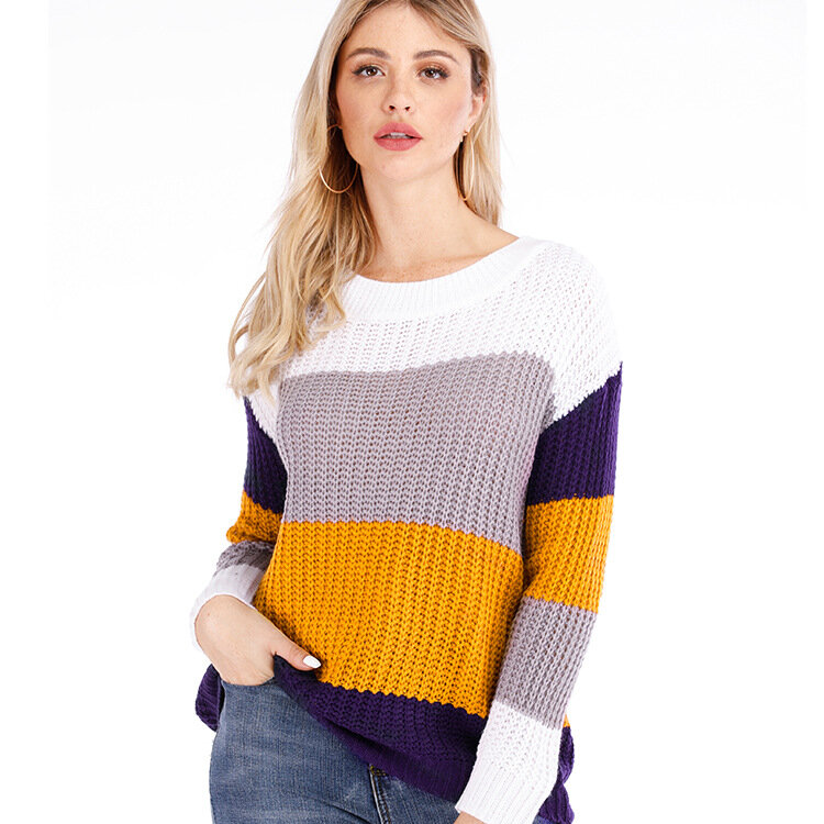 Женский вязаный свитер в полоску, Свободный пуловер с круглым вырезом и длинными рукавами для офиса, весна-осень