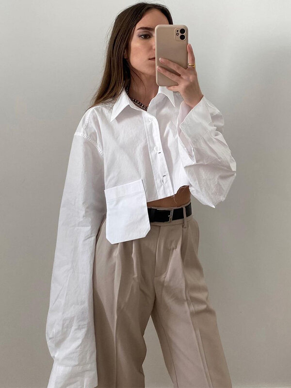 Stilvolle Weiß Übergroßen Shirt Frauen Lange Hülse Taste Up Cropped Hemd Mode Frau Blusen 2022 Y2K Top Streetwear
