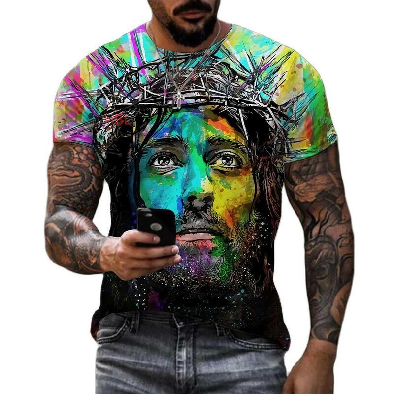 예수 3D 프린트 티셔츠 남성 여성 패션 반팔 캐주얼 하라주쿠 스트리트웨어 탑스 오버 사이즈 6XL
