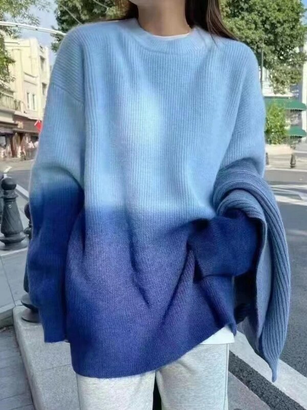 Luźny rozmiar Gradient Crewneck panie sweter z dzianiny sweter kobieta zima 2022 swetry grube swetry swetry damskie topy