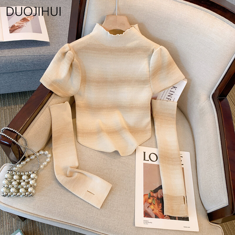 DUOJIHUI Grey New Chic Striped Sexy Hollow Out Female Pullovers Korean Simple Slim Waist Fashion Contrast Color Women Pullovers