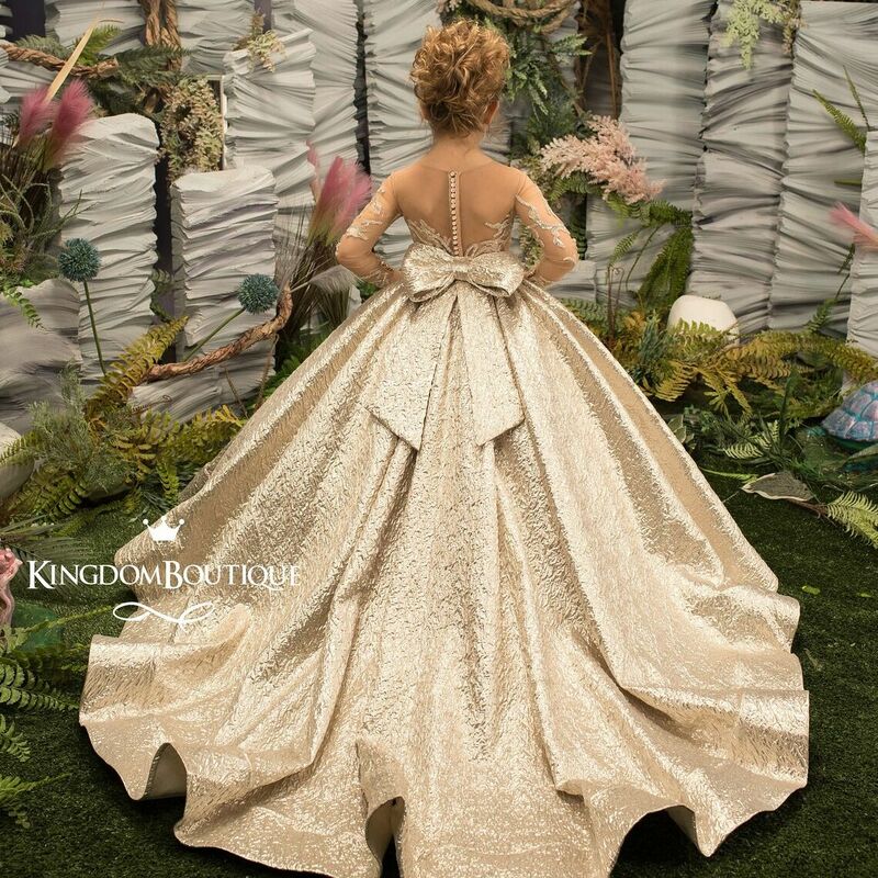 FATAPAESE Золотое Цветочное платье для девочки, принцесса, иллюзионный рукав с яркой юбкой, день рождения, свадьба, вечеринка, дети, подружка невесты