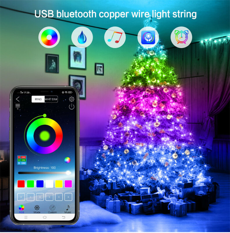 Tira de luces Led de cobre con Control remoto por aplicación Bluetooth, decoración navideña para el hogar, guirnalda de luces de hadas