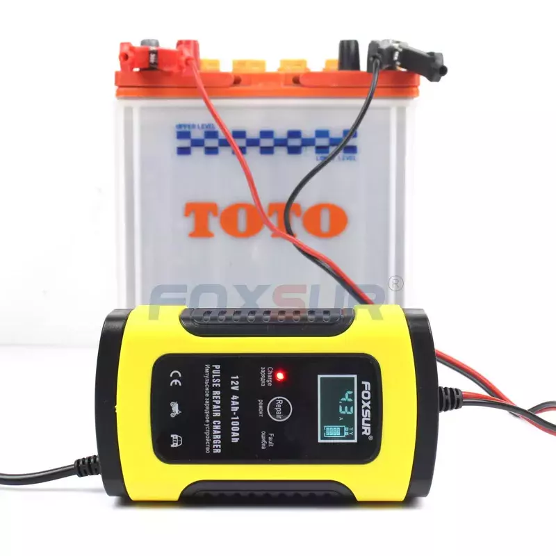 FOXSUR 12V 5A Pulse Repair Charger with LCD Display, Motorcycle & Car Battery Charger, 12V AGM GEL WET Lead Acid Battery Cha