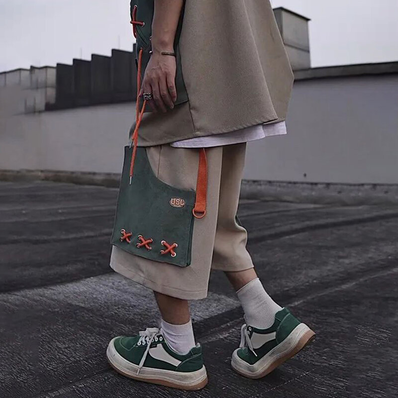 Celana Pendek Lebar Hip-Hop Jalanan Pria Jepang Baru 2023 Celana Lurus Longgar Trendi Celana Potong Desain Etnik Trendi