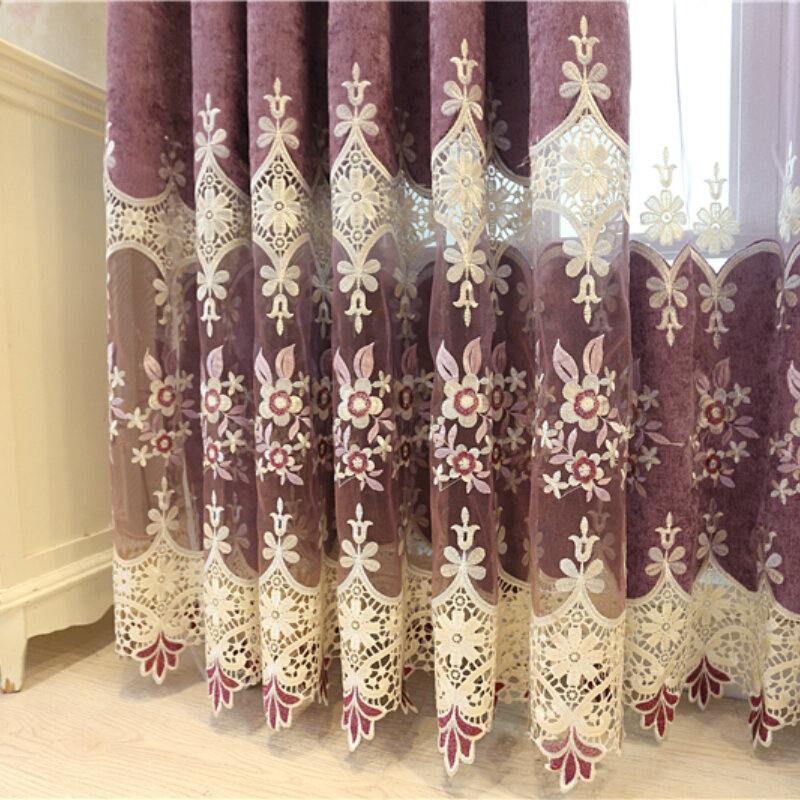 Cortinas de gasa para sala de estar, visillo elegante con bordado púrpura clásico europeo, para dormitorio y cocina, de alta calidad