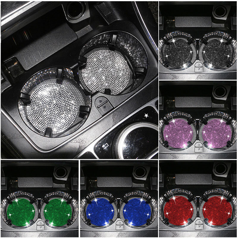 2 PCS Water Cup Slot Anti-slip Mat Car Accessories Diamond Coaster Full Diamond Round Silicone Mat Coaster Mat