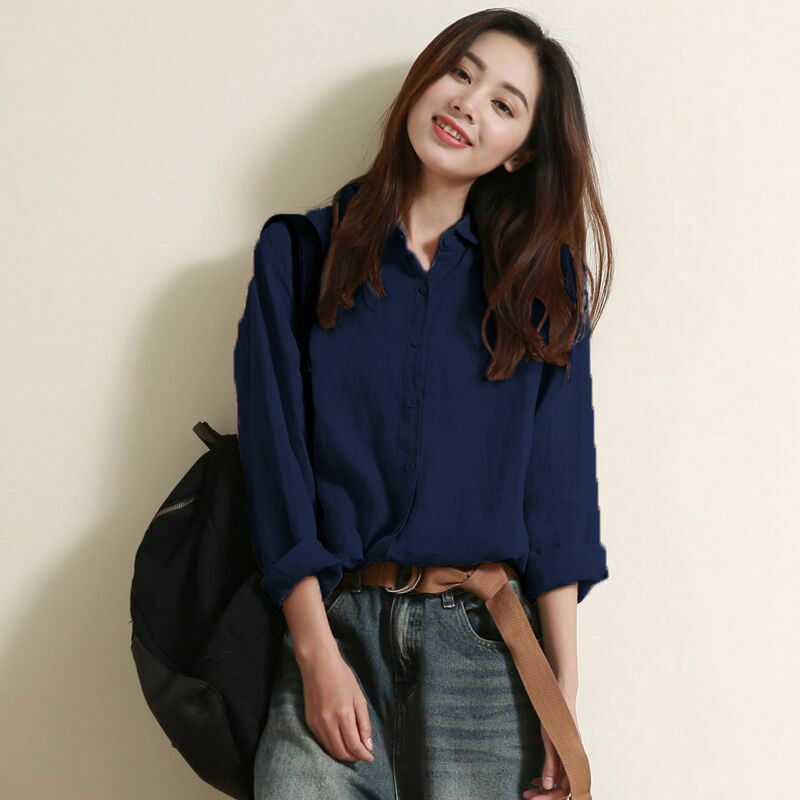 Рубашка женская оверсайз в Корейском стиле, модная блузка из 2022 хлопка и льна, однотонная свободная офисная одежда, весна