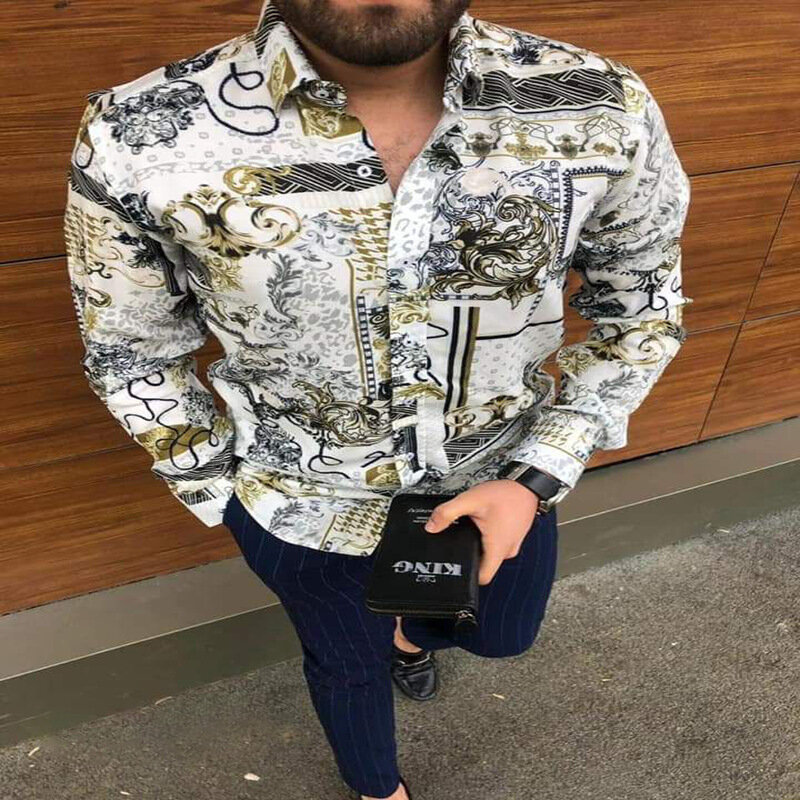 Мужская свободная рубашка с отложным воротником, Повседневная рубашка с винтажным принтом, топы с длинным рукавом, уличная мода, лето 2022