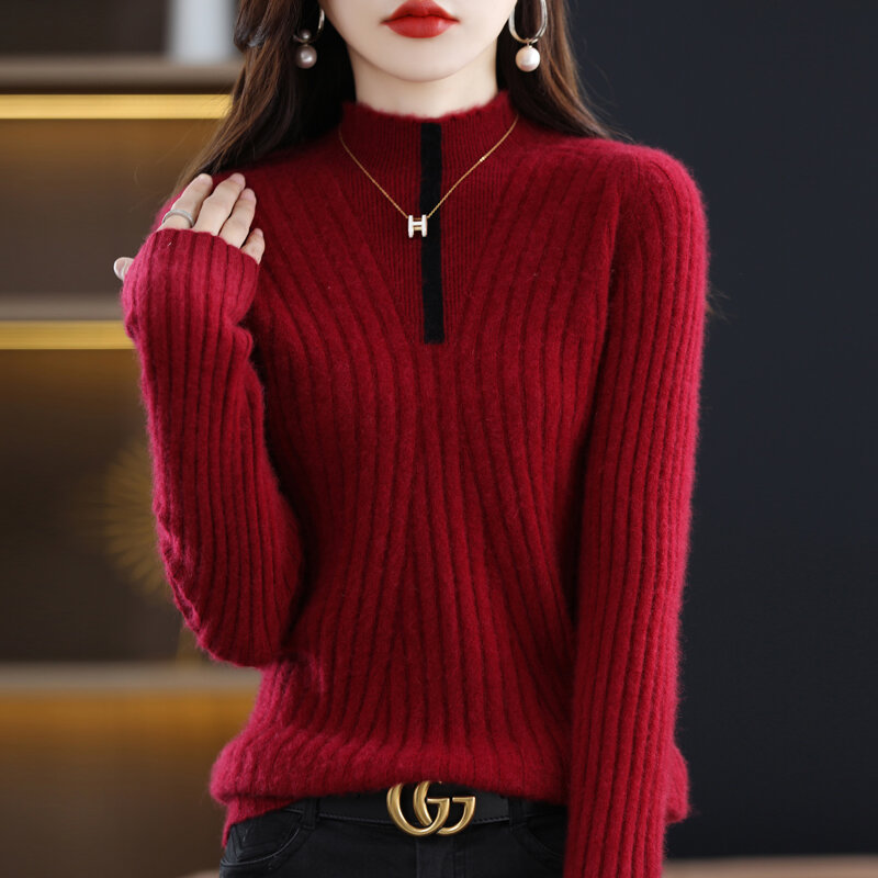 Suéter de punto de lana 100% para mujer, camisa de fondo de media altura, versátil, suelta y delgada, Otoño e Invierno