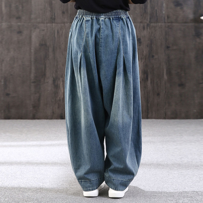 Celana Denim Salib Kasual Wanita Musim Gugur Sping 2023 Celana Jeans Longgar Baru Celana Panjang Harem Retro Antik Wanita Celana Pof