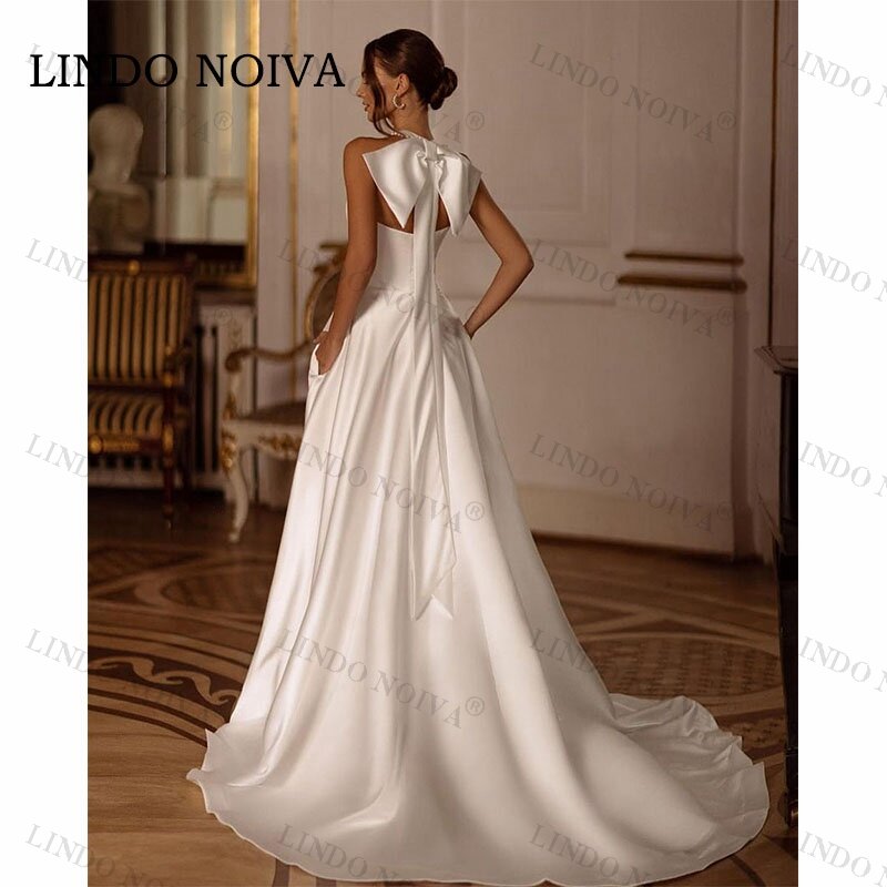 LINDO NOIVA-A-Line فساتين زفاف للنساء, رقبة رسن فساتين الزفاف, فتحة جانبية عالية, القوس الخلفي وصمة عار, العروس