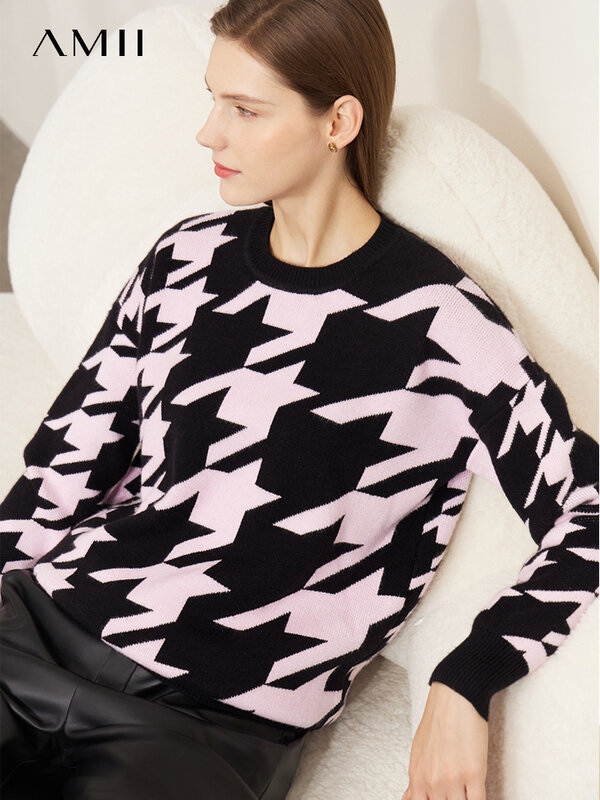 AMII minimalizm luźny sweter kobiet 2022 zimowy ciepły O-Neck Temperament moda francuski styl luźny pulower topy 12241361