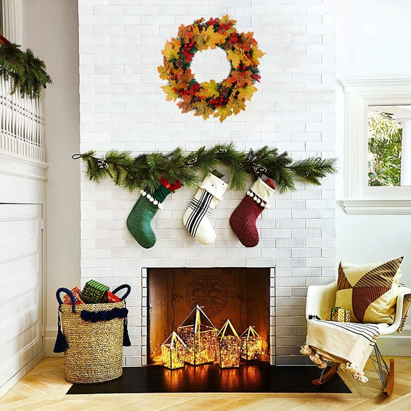 Artificial Christmas Wreath Maple Leaf Pinecone Berry Wreath For Front Door Wall Window Farmhouse Home Decoration