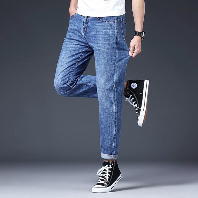 Primavera preto jeans reta solto meia-idade casual pés calças maré calças masculinas