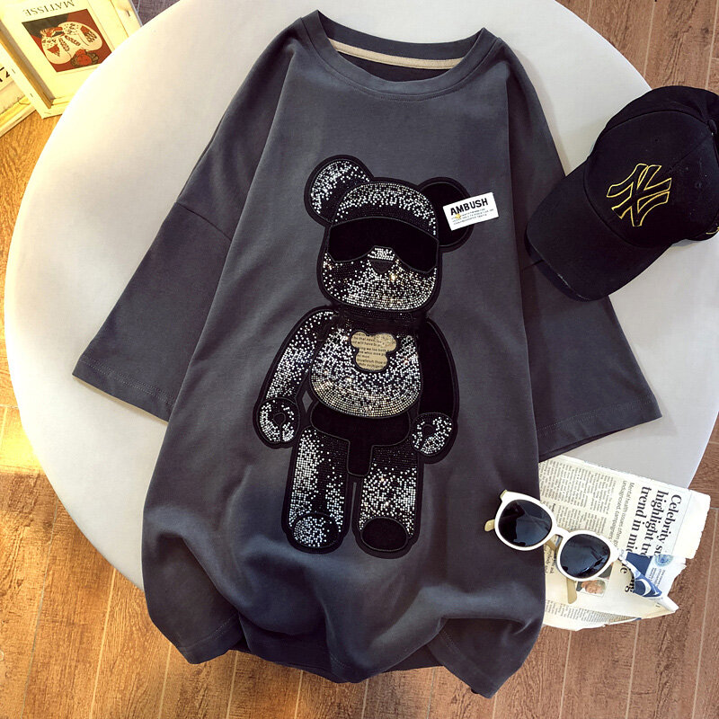 Summer T-shirt round neck bear short sleeve women 2022 new women's loose large size slim fashion brand half sleeve loose top