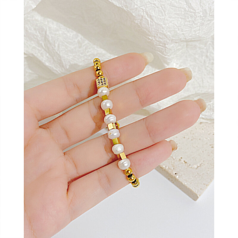 Japanese and Korean Niche Design Sense Transfer Bead Splicing Natural Freshwater Pearl Inlaid Zircon Stainless Steel Bracelet