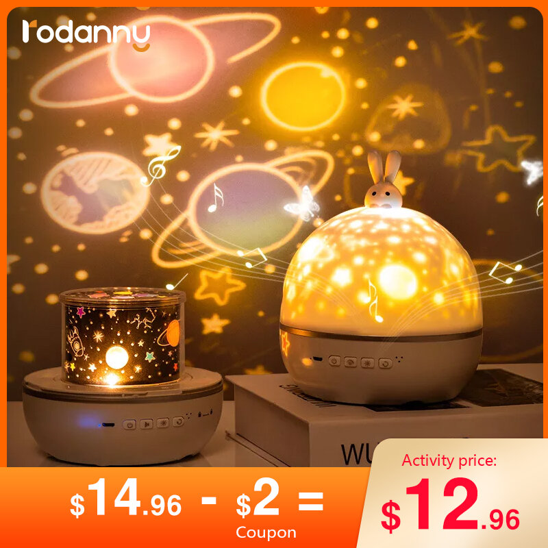 Rodanny-proyector de estrellas de colores para niños, luces LED de noche con música, carga/enchufado/cantar, lámpara de proyecto USB, dormitorio, fiesta