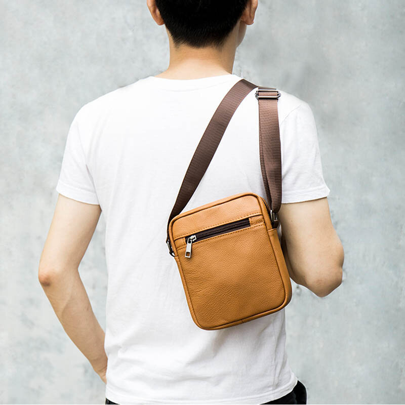 Fashion Shoulder Crossbody Bag Men Leather Office Bag Solid Color Zipper Phone Pouch Purse Male Messenger Bags Small Satchel