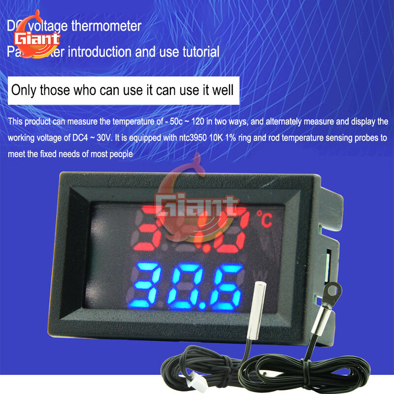 Dc 4-30v termômetro sensor de temperatura led display duplo vermelho azul verde digital com cabo de sonda ntc