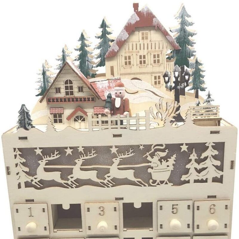 Wooden Christmas Advent Calendar Countdown to Christmas LED Holiday Decoration 24 Drawers with LED Light