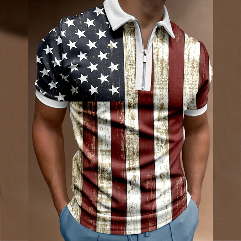 メンズ半袖Tシャツ,アメリカンフラッグデジタルプリントメンズ半袖ジッパーポロシャツ