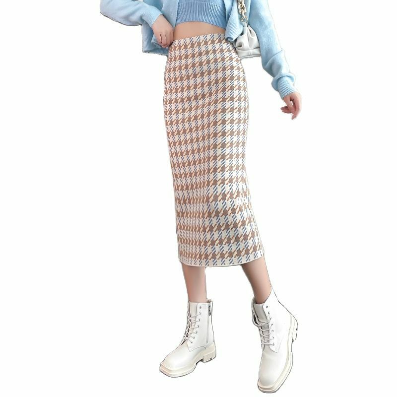 Wisher & Tong damska spódnica ołówkowa wysokiej talii ptak kraty spódnice z dzianiny koreański elegancki długie zimowe spódnice Femme Jupes 2022