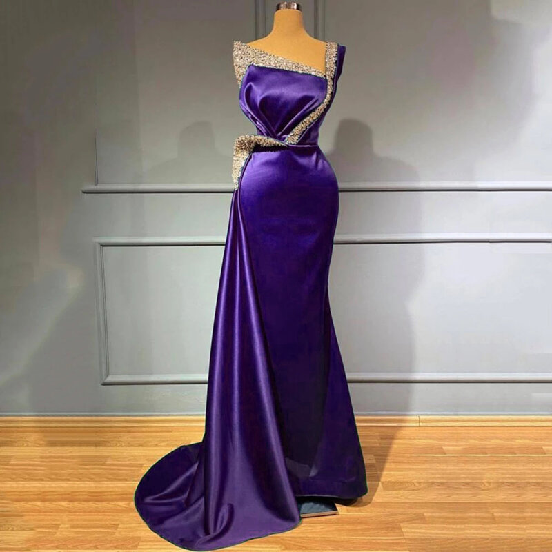 Formal azul vestido de noite 2023 com contas formal um ombro cetim sereia bola vestido luxo cristal árabe longo vestidos festa