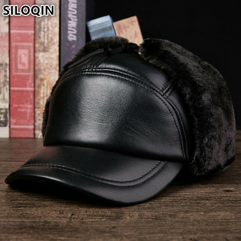 Fashion Dad Hat Men's Leather Hat Winter Cap Thicken Sheepskin Bomber Cap Middle Old Aged Earmuffs Leisure Warm Baseball Caps