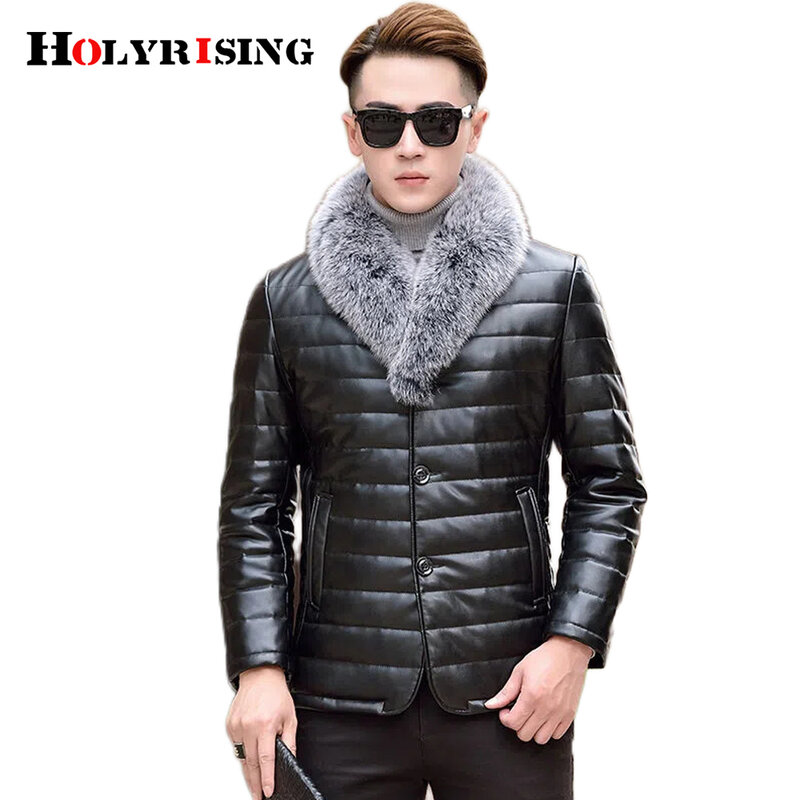 Men Removable natural fur winter leather coat 90% white duck down men's winter artificial leather coat M-4XL куртка мужская 204
