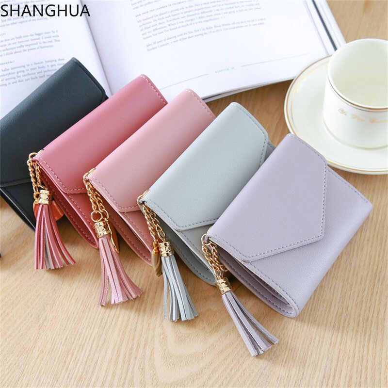 SHANGHUA Short Wallet  Trend Heart-shaped Pendant Simple Fashion Multi-functional Lychee Pattern Women's card wallet