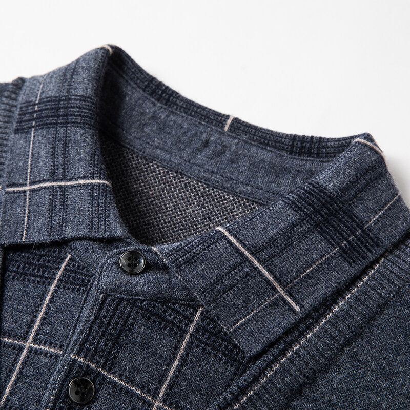 秋と冬のメンズフェイク2ハイグレード純粋なウールニット厚い格子縞のシャツの襟韓国のセーター