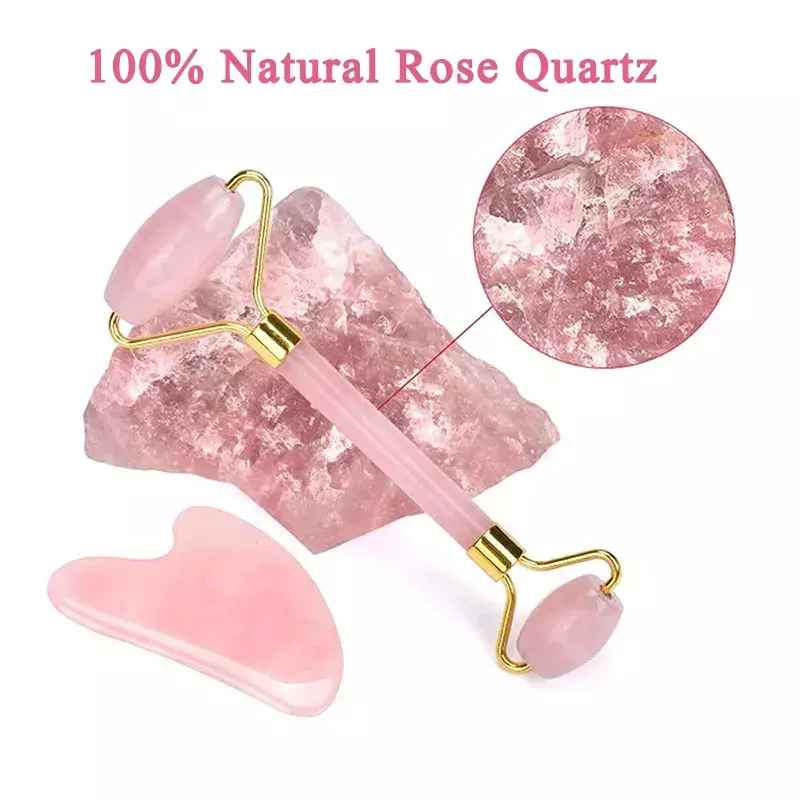 Rosto massageador gouache raspador para o rolo de rosto gua sha jade natural rosa quartzo celulite rolo massageador pedra gua sha conjunto placa