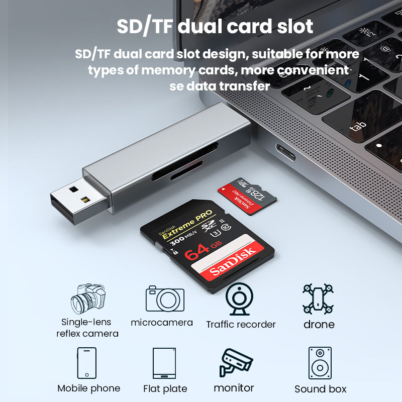 Adaptador de cartão de memória inteligente para laptop, Leitor de cartão USB tipo C, USB 2.0, SD, Micro, TF, OTG, USB 2.0, USB 2.0