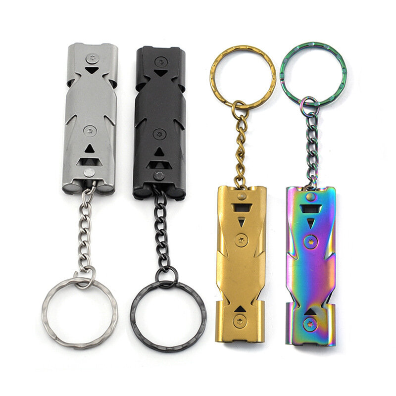 Porte-clés Portable sifflet en acier inoxydable, haut décibel, Double tuyau, sifflet de survie d'urgence, outils multifonctions