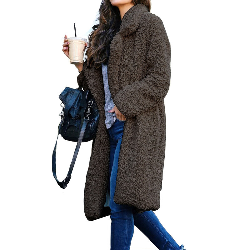 인조 모피 플러스 사이즈 긴 소매 테디 재킷 탑 여성용, 두꺼운 중간 길이 플러시 코트 하라주쿠 오피스 레이디 가을 겨울 패션