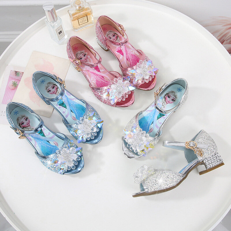 Disney frozen para meninas sandálias de salto alto bebê crianças sandálias de cristal médio grandes crianças macio sola princesa anna elsa sapatos