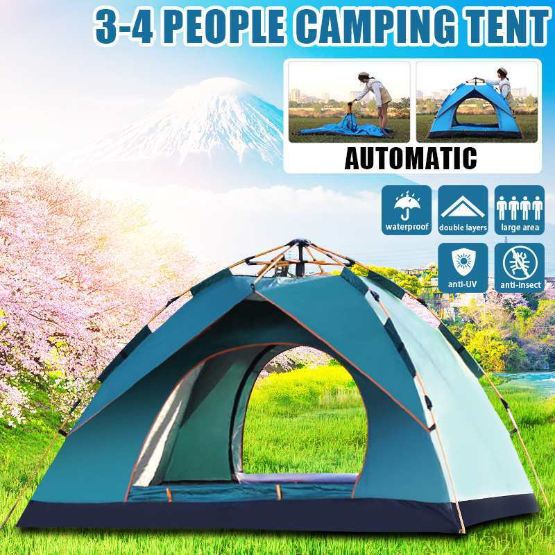 3-4 Orang Pop Up Tenda Terbuka Lempar Luar Ruangan Berkemah Mendaki Musim Otomatis Tenda Kecepatan Terbuka Keluarga Pantai Ruang Besar Tenda